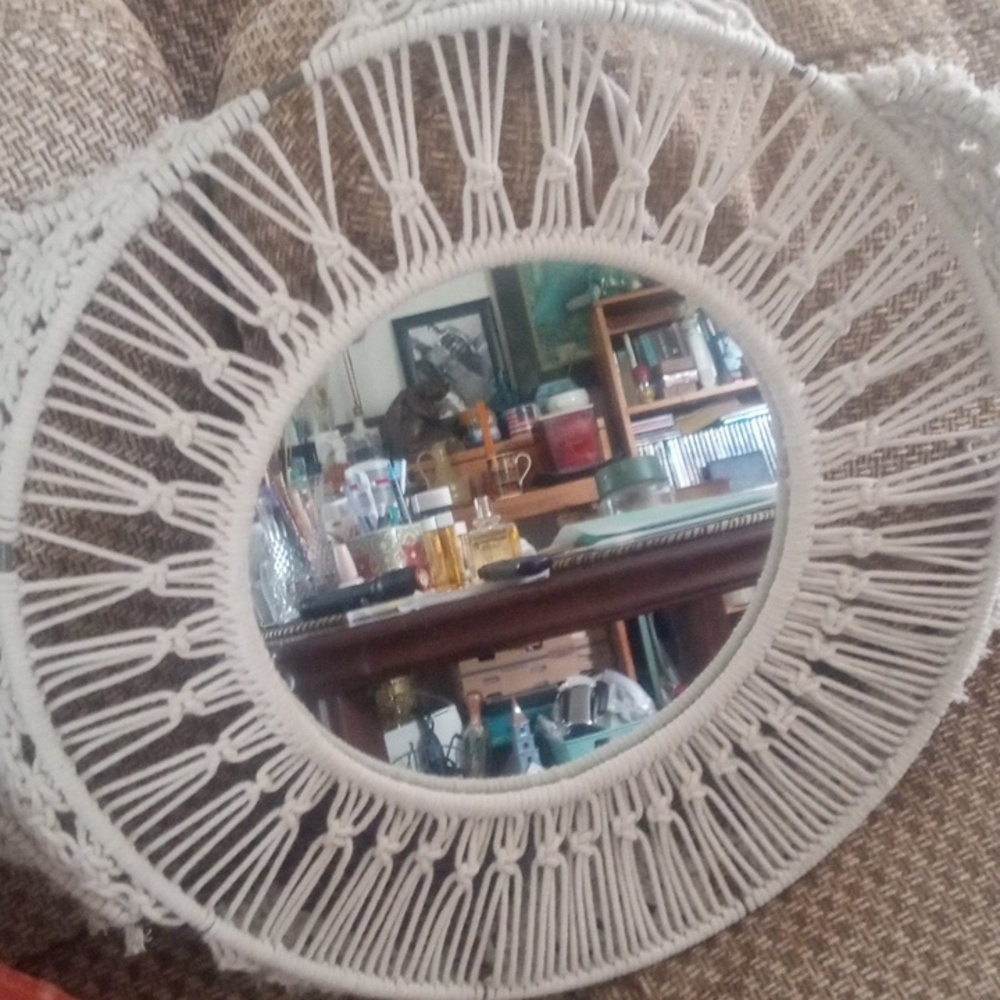 Large Beige Hanging Macrame Round Mirror. 25 inches across. 30 inches hanging.